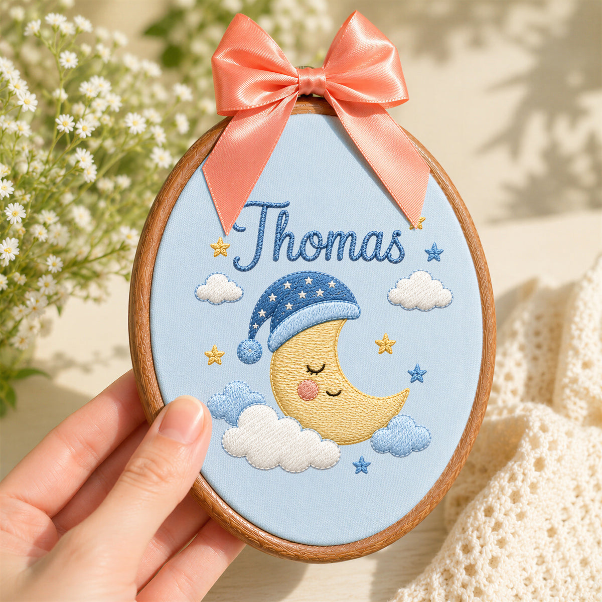 Handmade Baby Name Sleepy Moon Embroidery Hoop Art Custom Nursery Wall Decor Keepsake