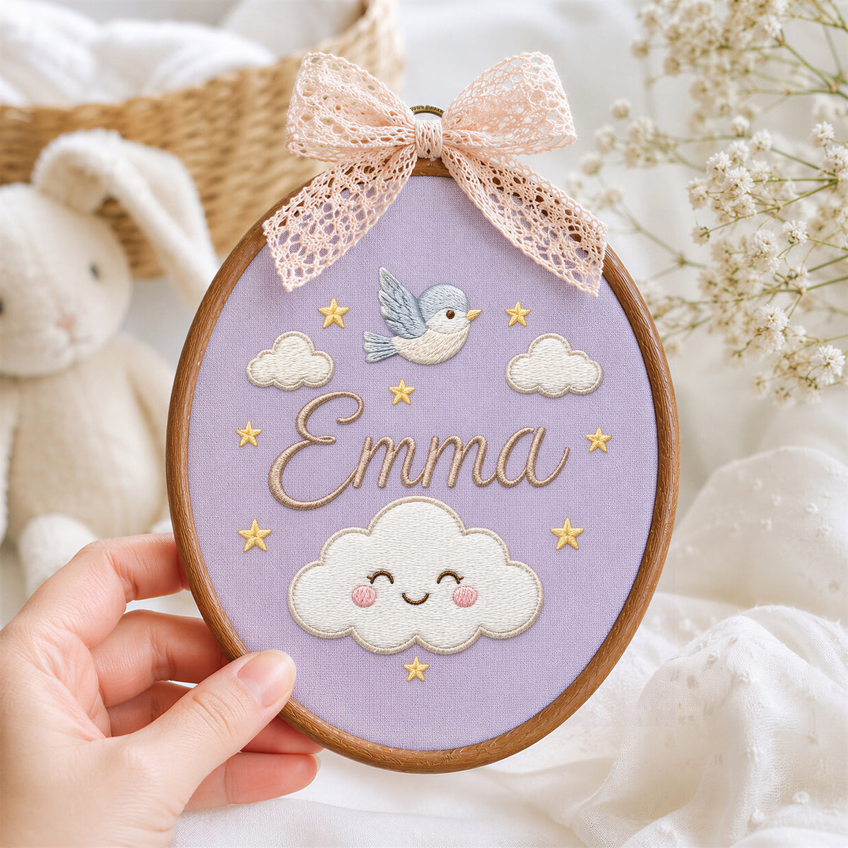 Custom Baby Name Little Bird Cloud Embroidery Hoop Art Custom Nursery Decor Keepsake