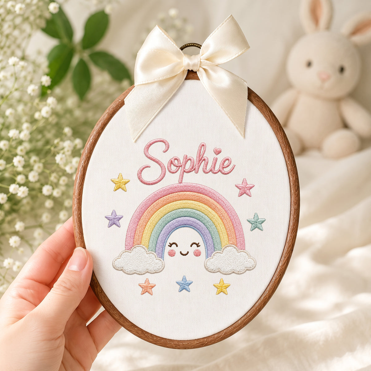 Personalized Baby Name Smiling Rainbow Embroidery Hoop Art Custom Nursery Decor Keepsake
