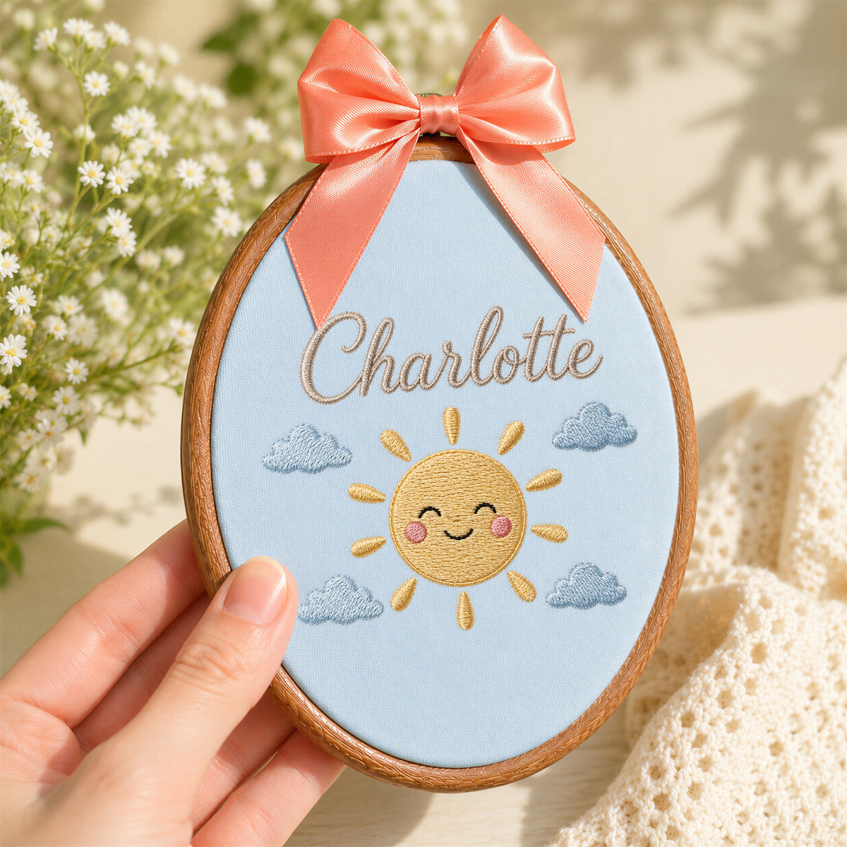 Handmade Baby Name Smiling Sun Embroidery Hoop Art Custom Nursery Wall Decor Keepsake