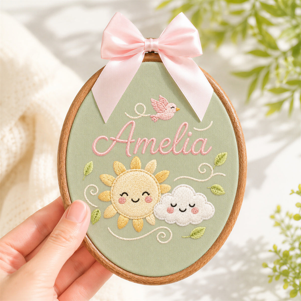 Custom Baby Name Sun Cloud Bird Embroidery Hoop Art Custom Nursery Decor Keepsake