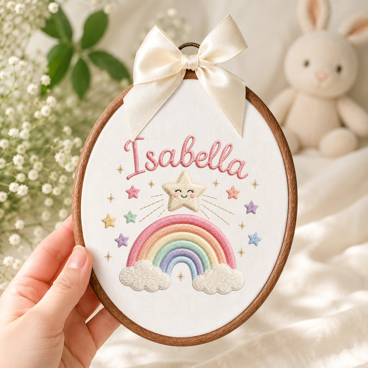 Custom Baby Name Rainbow Star Embroidery Hoop Art Custom Nursery Wall Decor Keepsake