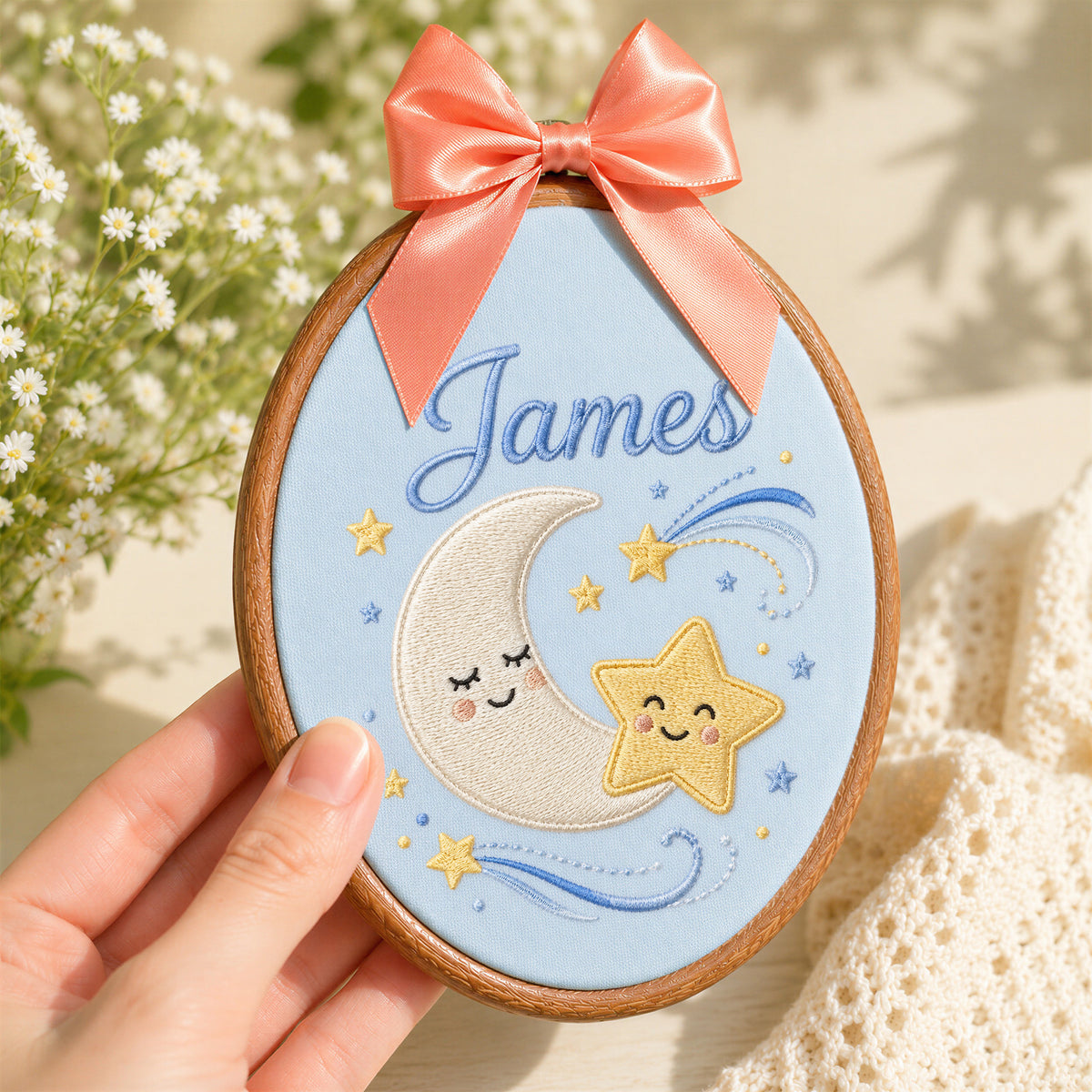 Personalized Baby Name Moon Star Embroidery Hoop Art Custom Nursery Decor Keepsake