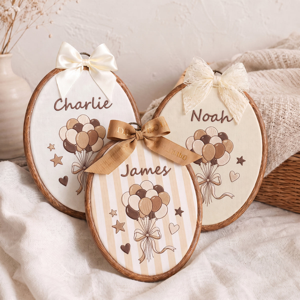 Personalized Baby Name Neutral Balloon Embroidery Hoop Art Custom Nursery Decor Keepsake