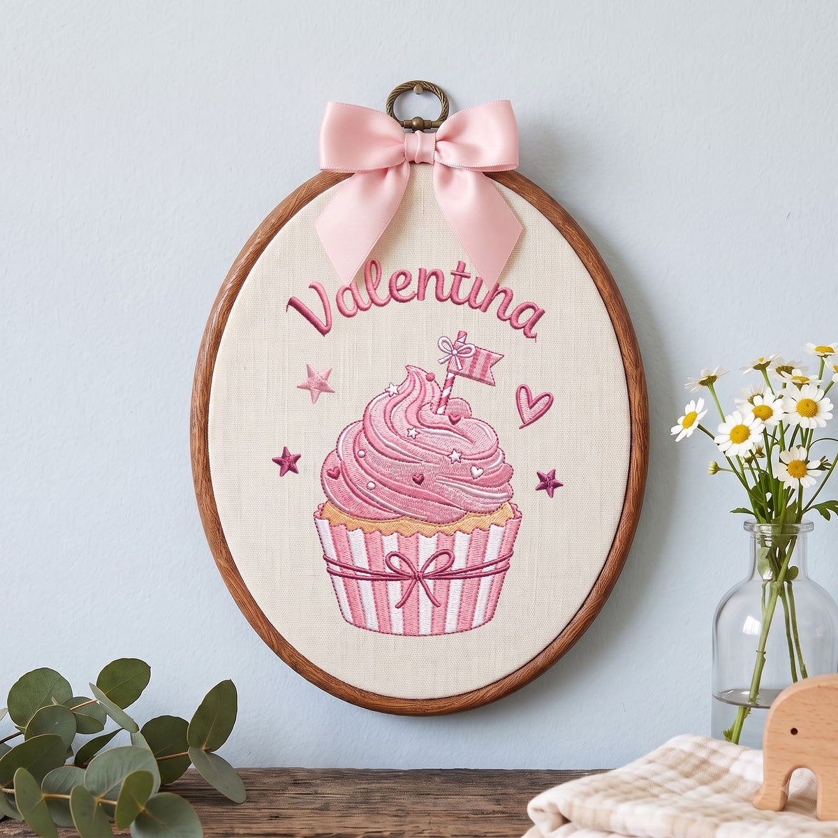 Handmade Baby Name Cupcake Embroidery Hoop Art Custom Nursery Wall Decor Keepsake