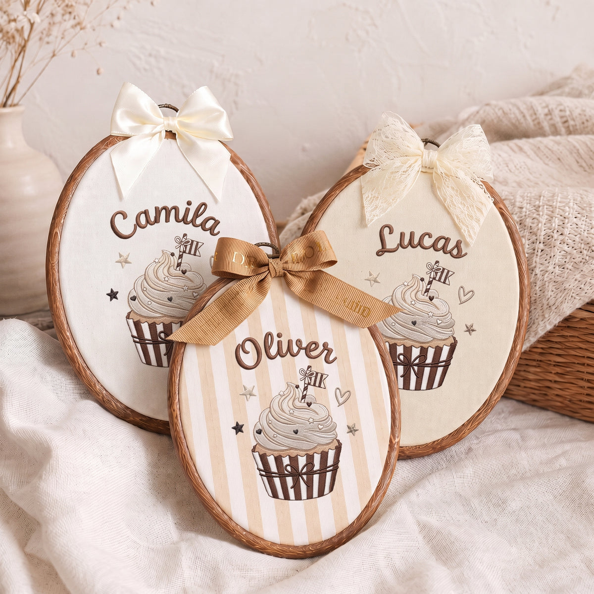 Personalized Baby Name Neutral Cupcake Embroidery Hoop Art Custom Nursery Decor Keepsake