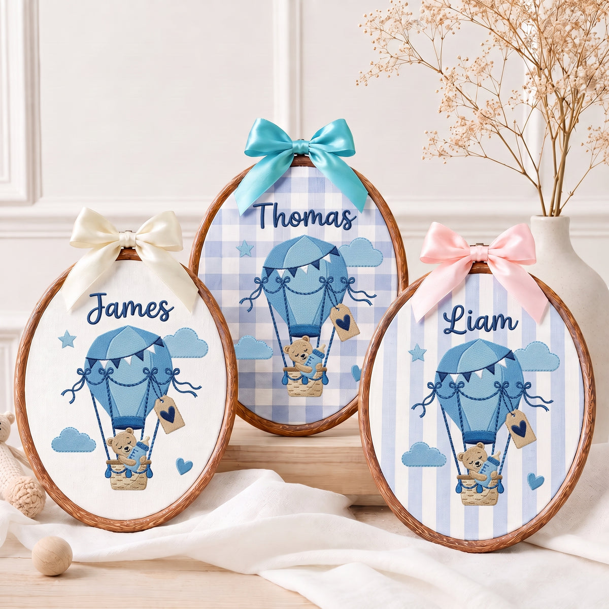 Personalized Baby Name Bear Balloon Embroidery Hoop Art Custom Nursery Decor Keepsake