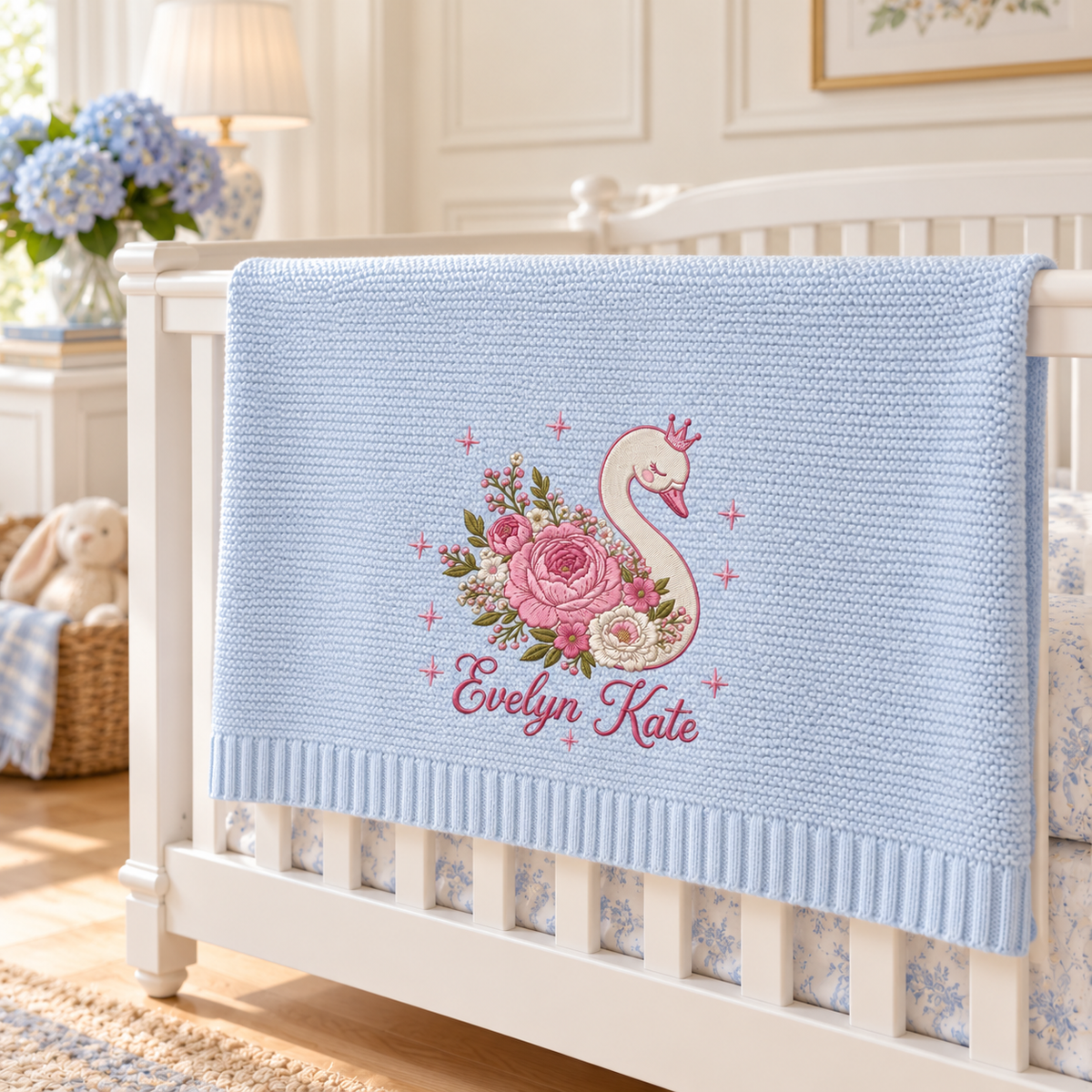 Custom Name Baby Knitted Blanket Swan Floral Crown Warm Infant Swaddle Sheet Throw Cover