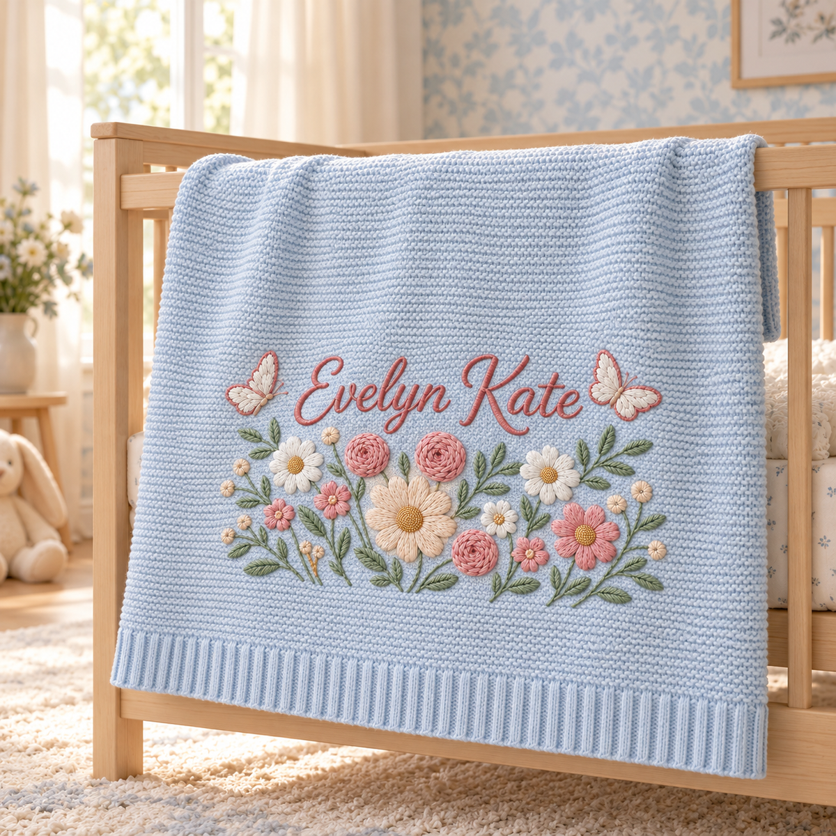 Custom Name Baby Knitted Blanket Garden Flowers Butterflies Warm Infant Swaddle Sheet