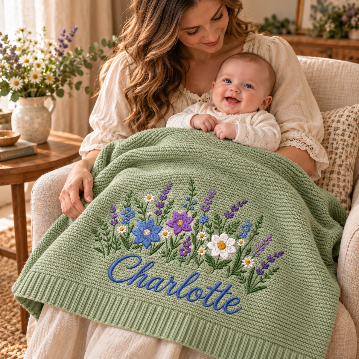 Custom Name Baby Knitted Blanket Lavender Wildflowers Warm Infant Swaddle Sheet Throw