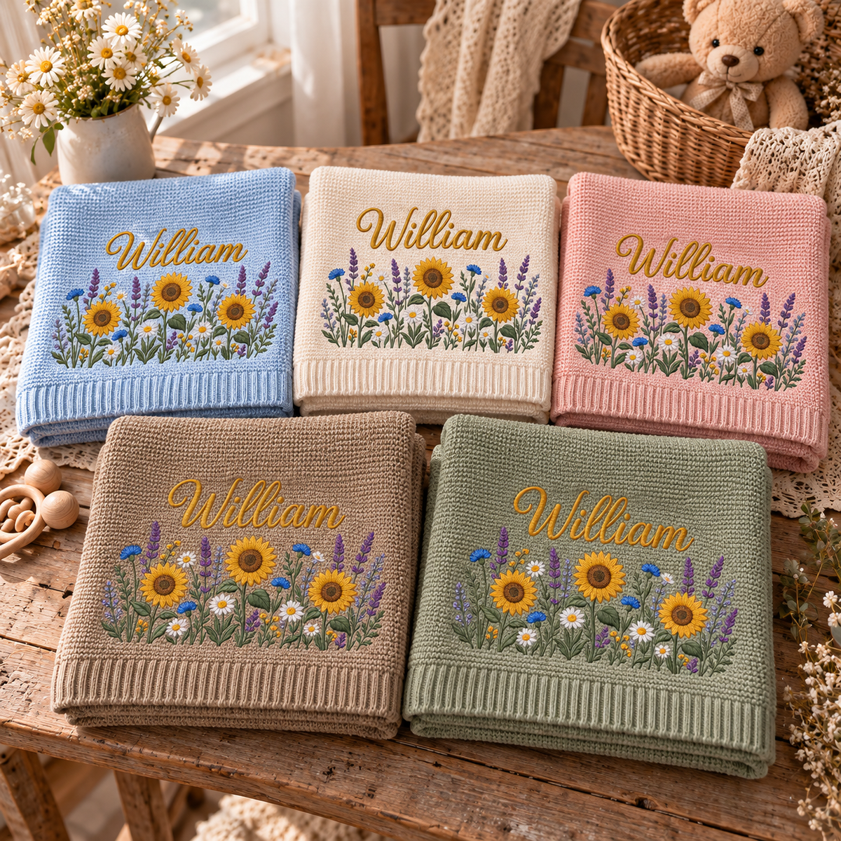 Custom Name Baby Knitted Blanket Sunflowers Lavender Warm Infant Swaddle Sheet Throw