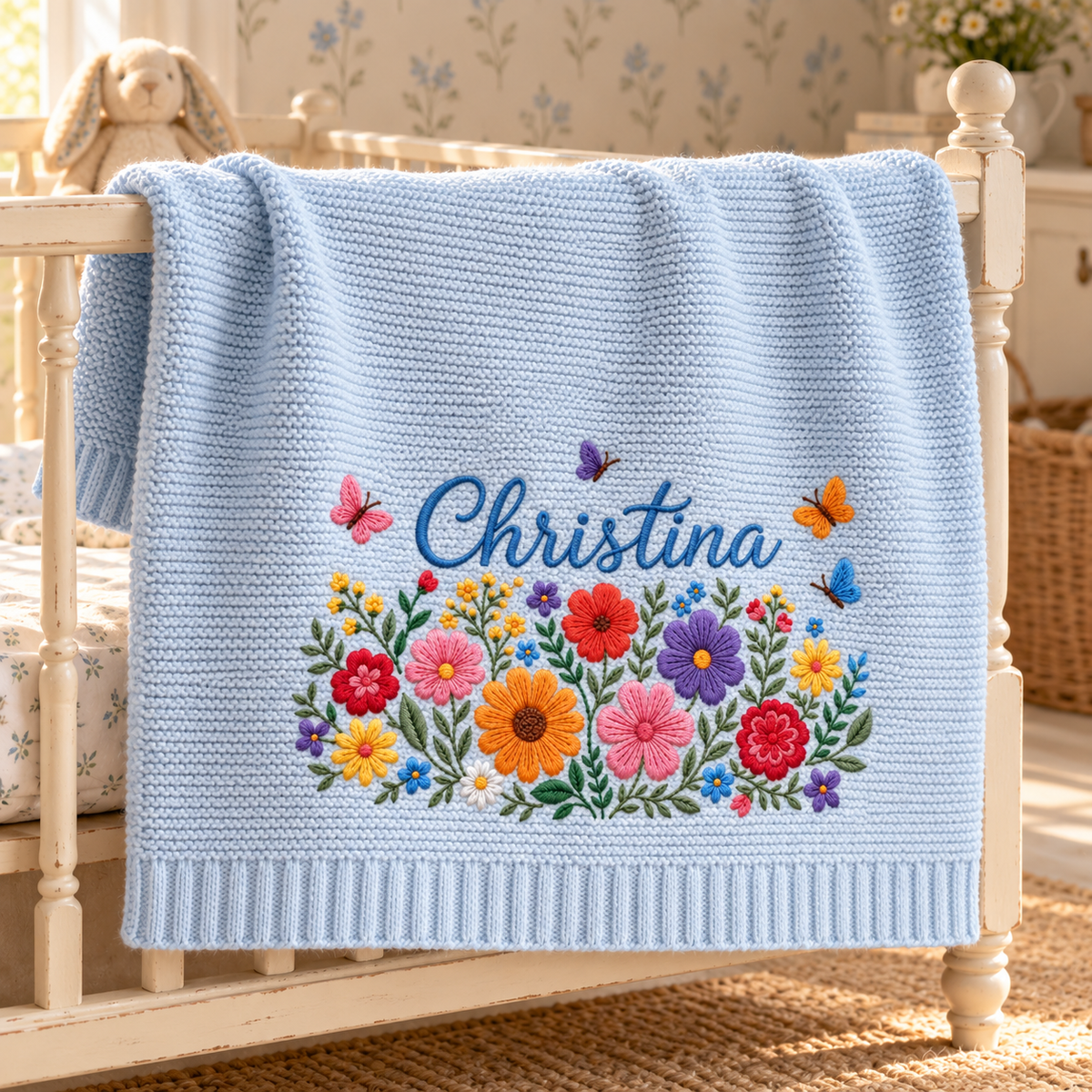 Custom Name Baby Knitted Blanket Wildflowers Butterflies Warm Infant Swaddle Sheet Throw