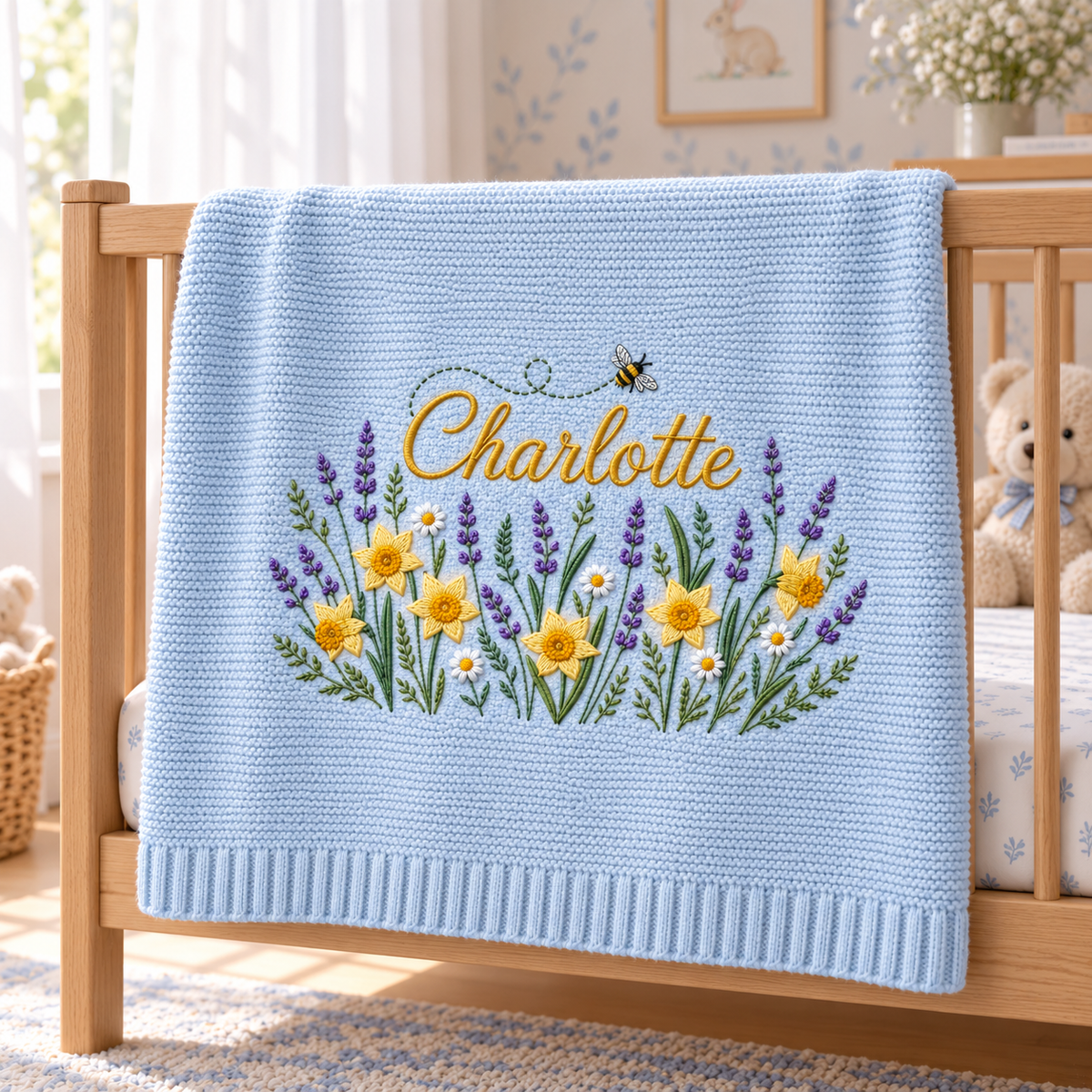 Custom Name Baby Knitted Blanket Daffodils Lavender Bee Warm Infant Swaddle Sheet Throw
