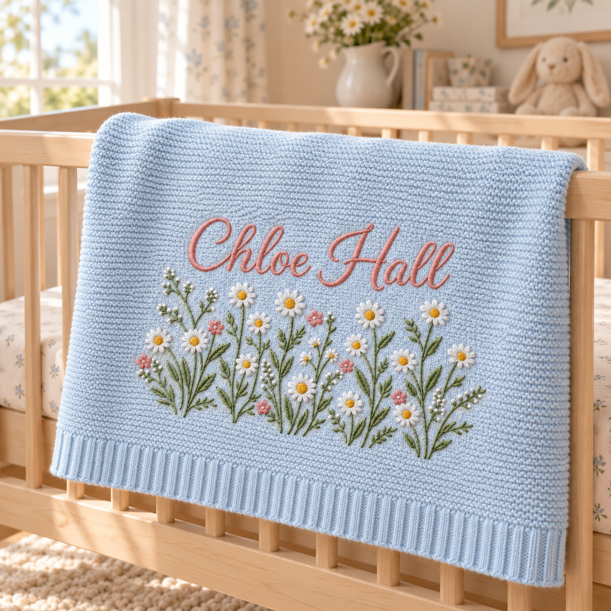 Custom Name Baby Knitted Blanket Daisy Flowers Garden Warm Infant Swaddle Sheet Throw