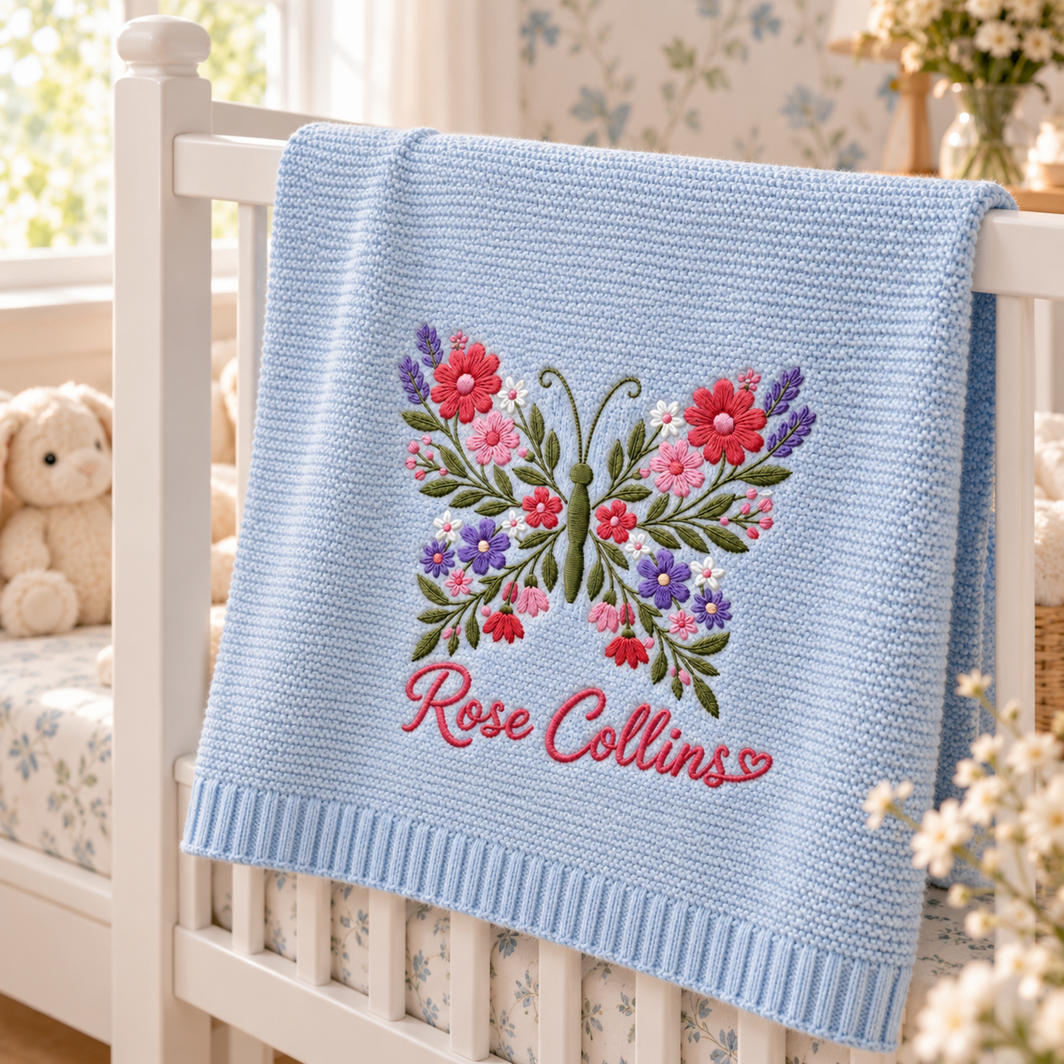 Custom Name Baby Knitted Blanket Floral Butterfly Warm Infant Swaddle Sheet Throw Cover