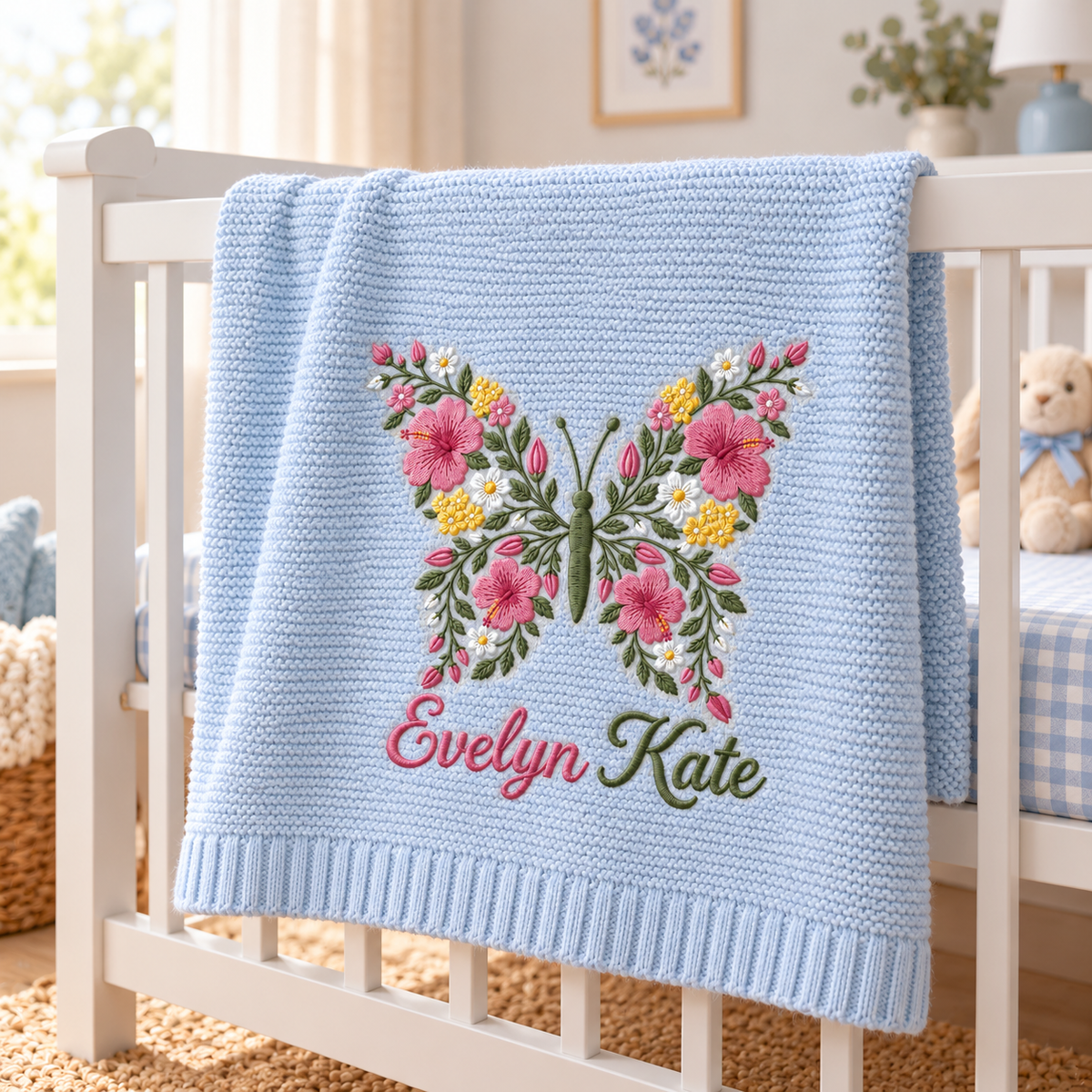 Custom Name Baby Knitted Blanket Butterfly Flowers Warm Infant Swaddle Sheet Throw Cover