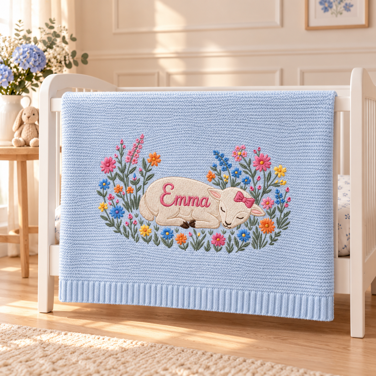 Custom Name Baby Knitted Blanket Sleeping Lamb Wildflowers Warm Infant Swaddle Sheet Throw