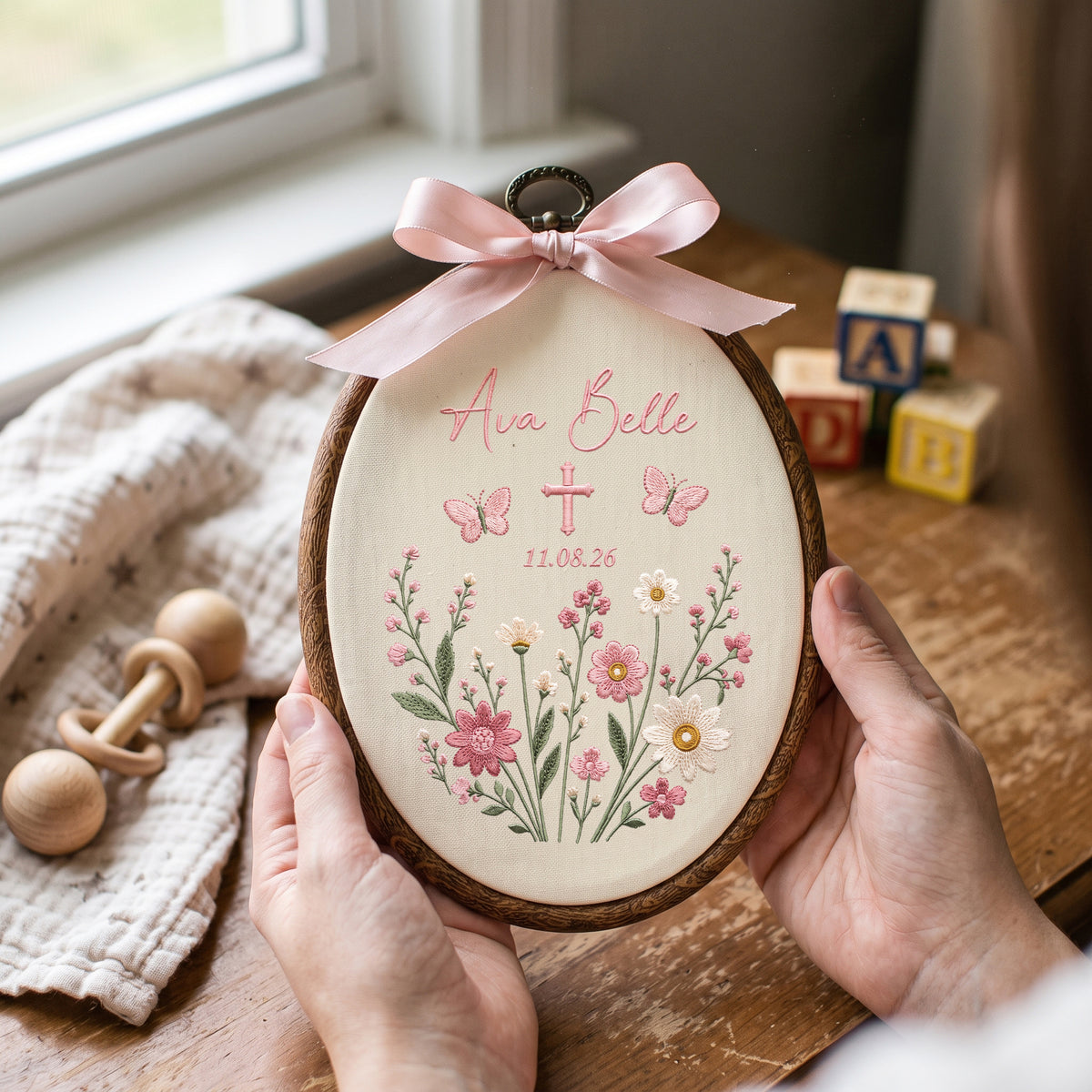 Personalized Floral Name Embroidery Hoop Art Custom Baby Nursery Wall Decor Keepsake