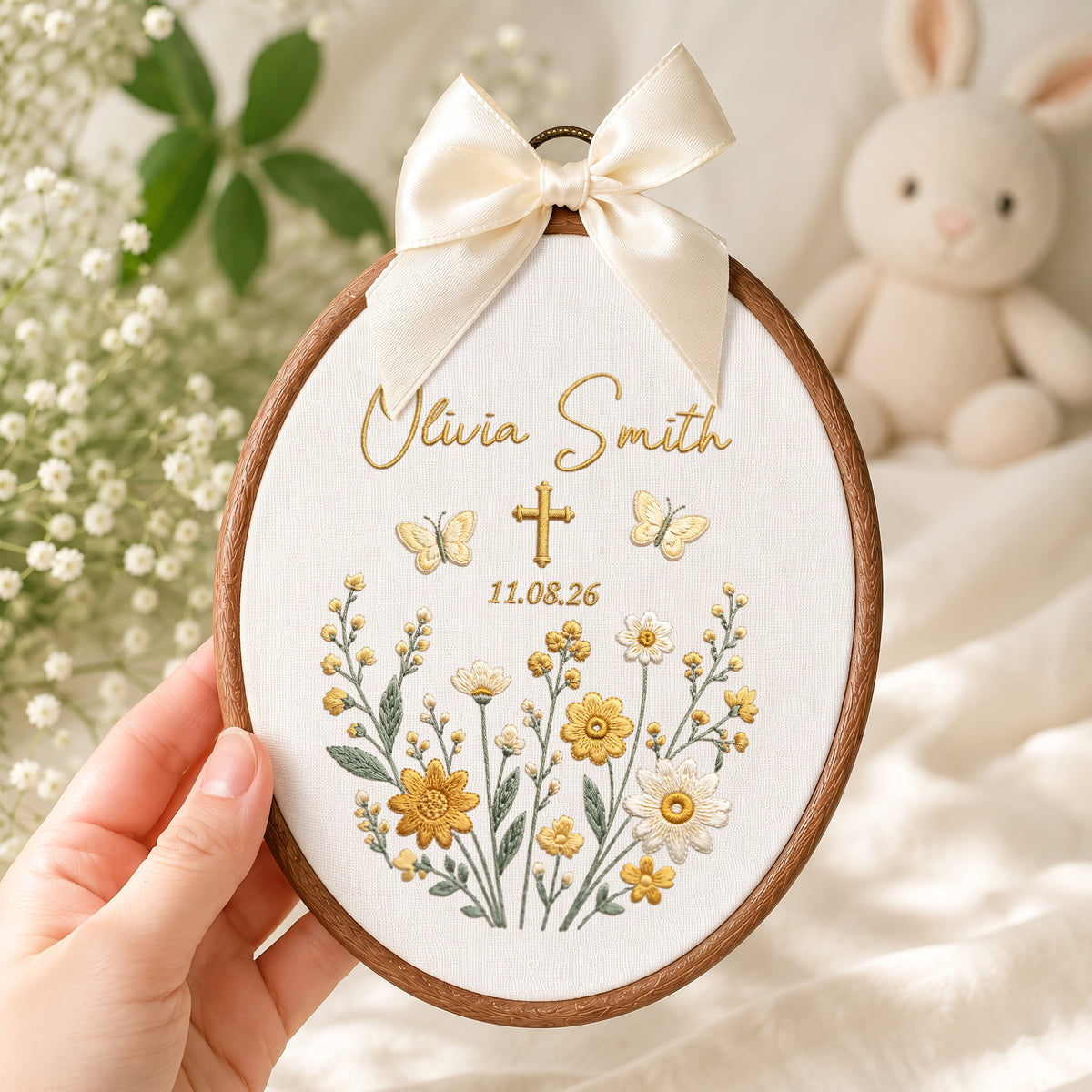 Custom Baby Name Botanical Embroidery Hoop Art Nursery Wall Decoration Floral Keepsake