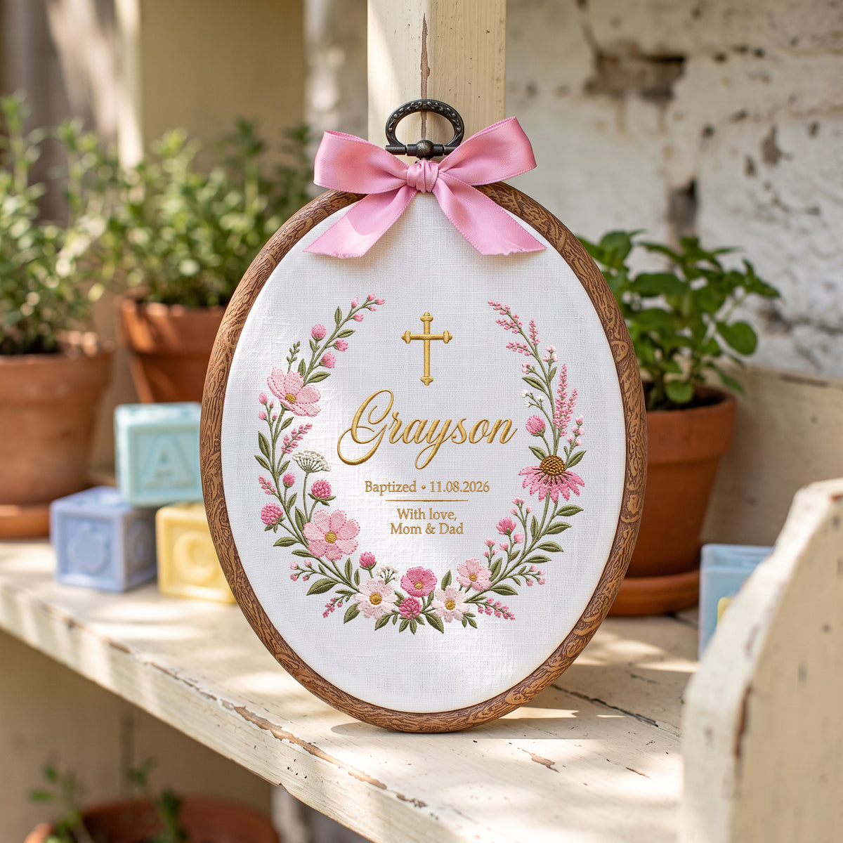 Personalized Baby Name Baptism Embroidery Hoop Art Custom Christening Floral Keepsake
