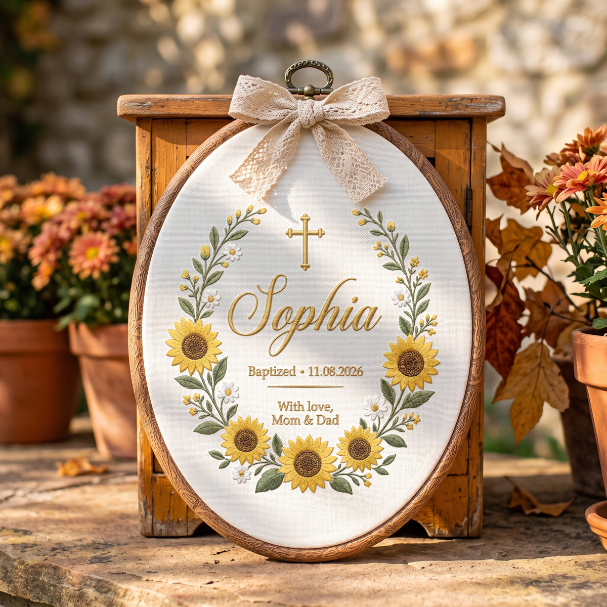 Personalized Baby Name Sunflower Baptism Embroidery Hoop Art Custom Christening Keepsake