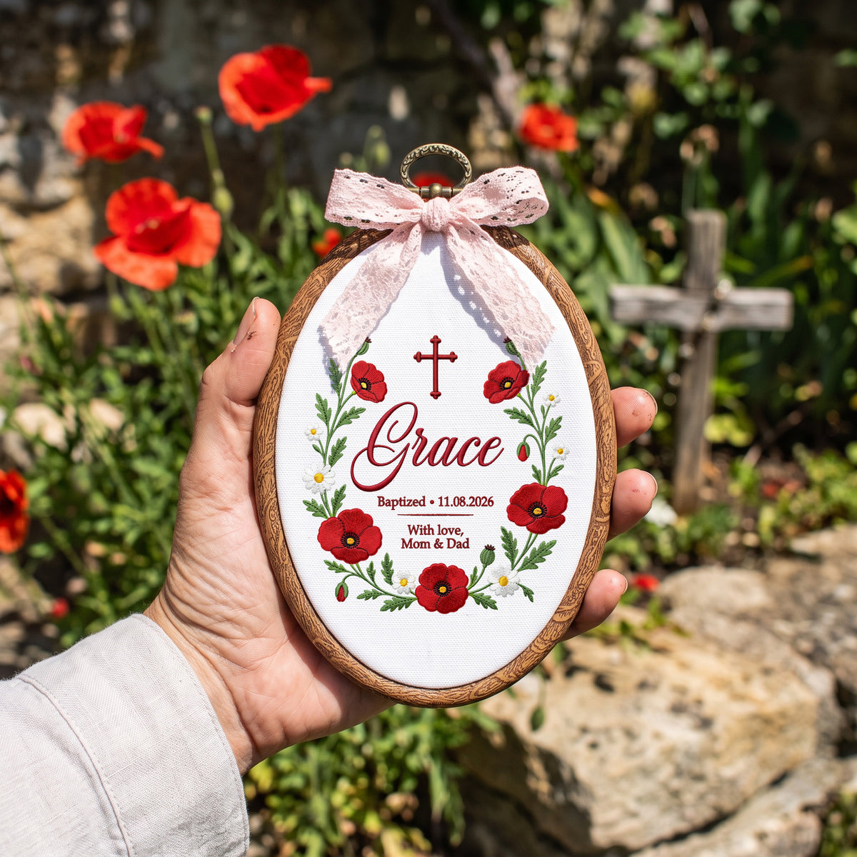 Personalized Baby Name Poppy Baptism Embroidery Hoop Art Custom Christening Keepsake