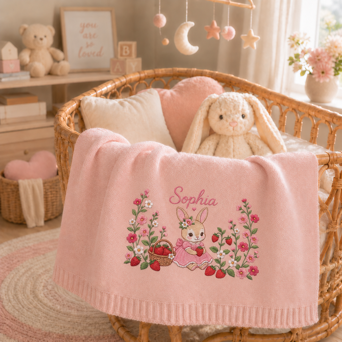 Custom Name Baby Knitted Blanket Bunny Rabbit Strawberry Flowers Warm Infant Swaddle Throw