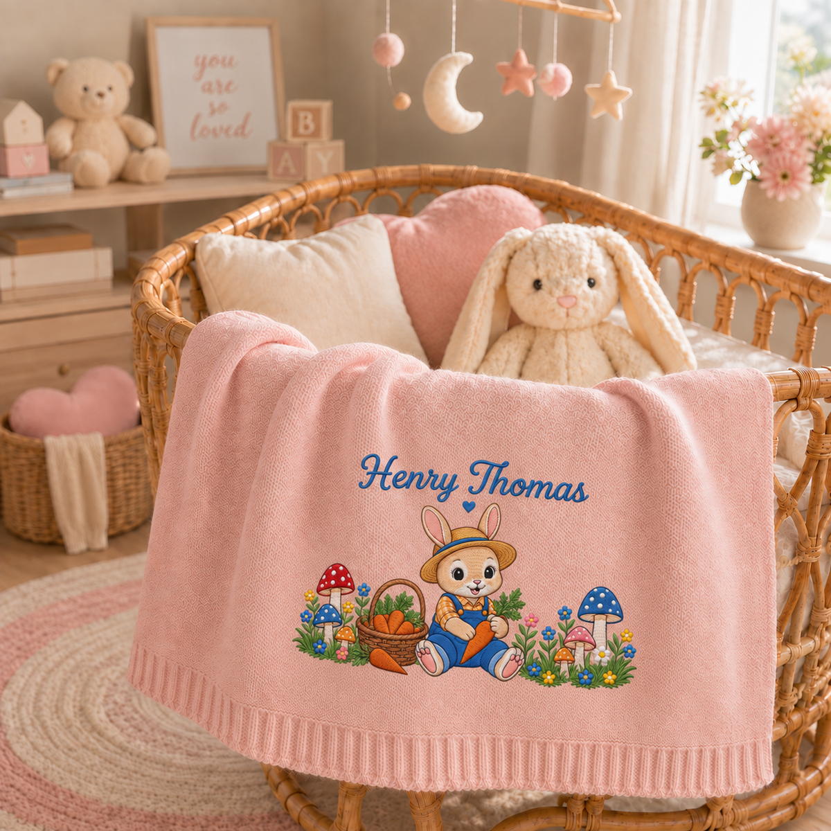 Custom Name Baby Knitted Blanket Bunny Rabbit Mushrooms Carrots Warm Infant Swaddle Throw