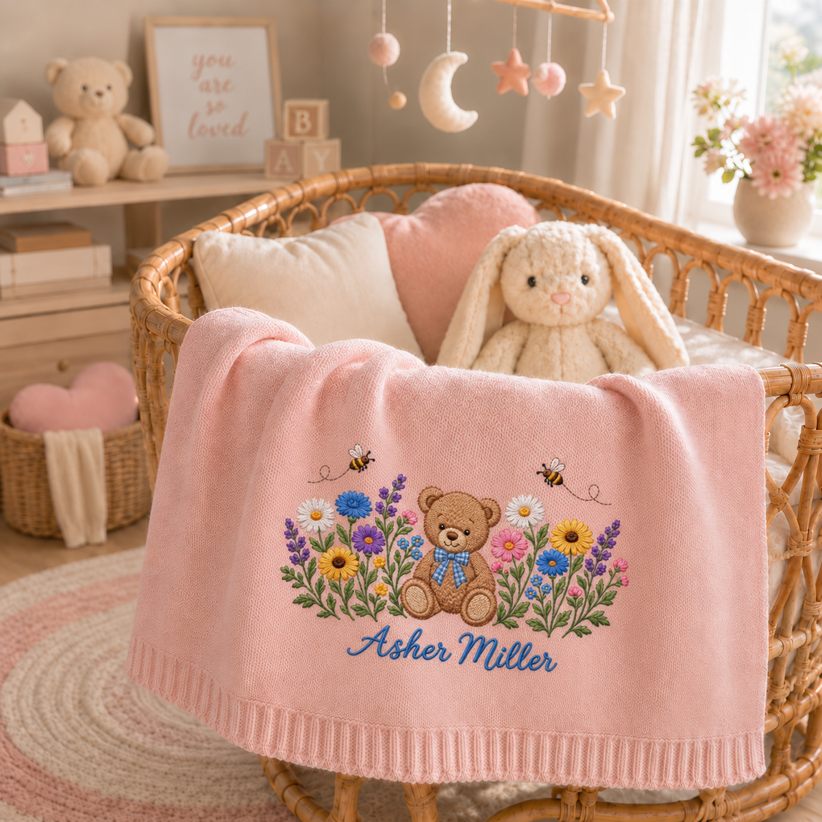 Custom Name Baby Knitted Blanket Teddy Bear Bees Wildflowers Warm Infant Swaddle Throw