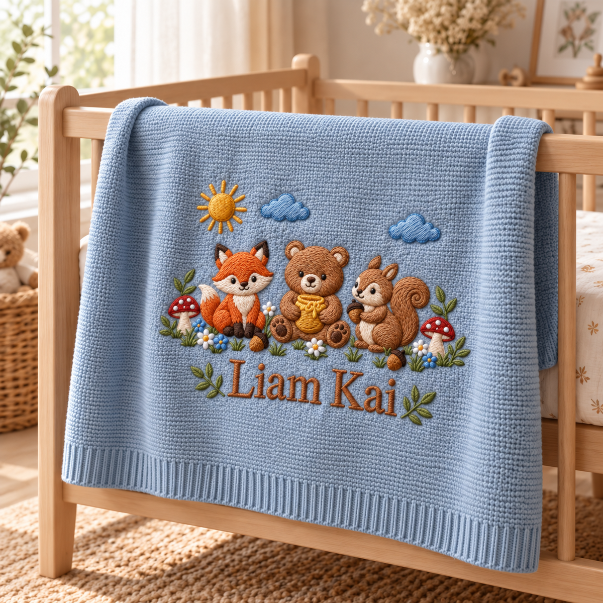 Custom Name Baby Knitted Blanket Woodland Animals Fox Bear Squirrel Swaddle Sheet Throw