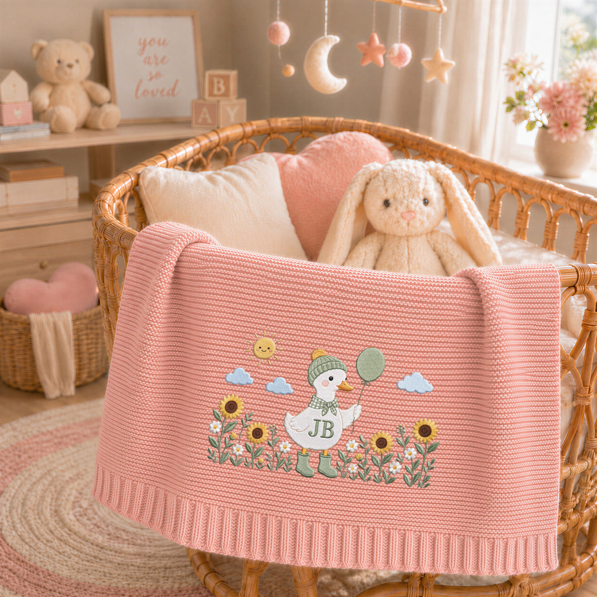 Custom Name Baby Knitted Blanket Duck Sunflowers Balloon Warm Infant Swaddle Sheet Throw