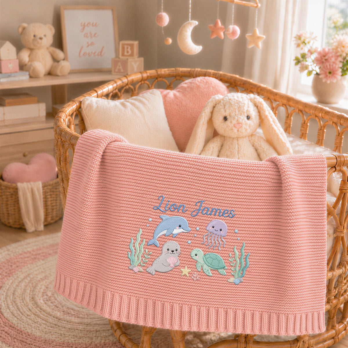 Custom Name Baby Knitted Blanket Dolphin Seal Sea Turtle Warm Infant Swaddle Sheet Throw