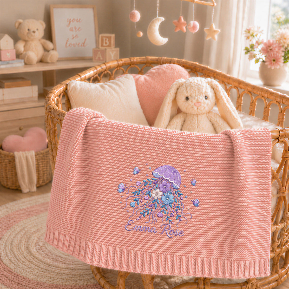 Custom Name Baby Knitted Blanket Jellyfish Floral Butterflies Warm Swaddle Sheet Throw