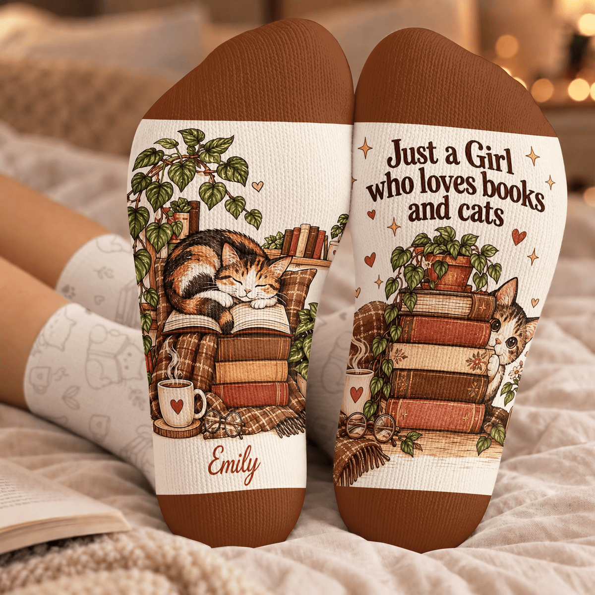 Custom Book Socks with Girl and Cat Reader Art, Socks for Women and Men with Style, Christmas Gifts and Book Lovers Gifts for Reading, Pallyprints Co.
