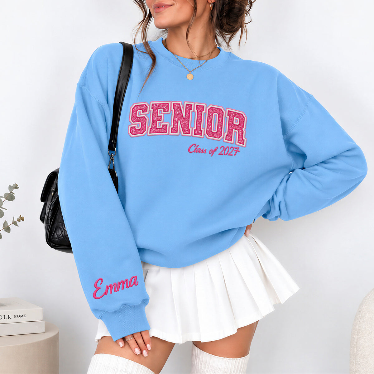 Senior Sweatshirt Glitter Varsity Letter Embroidered Custom Sleeve Name Grad Gift
