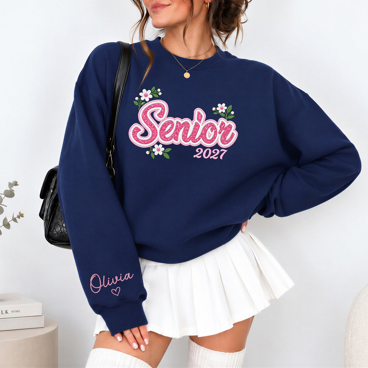 Senior Sweatshirt Floral Daisy Glitter Embroidery Custom Name Sleeve Grad Gift