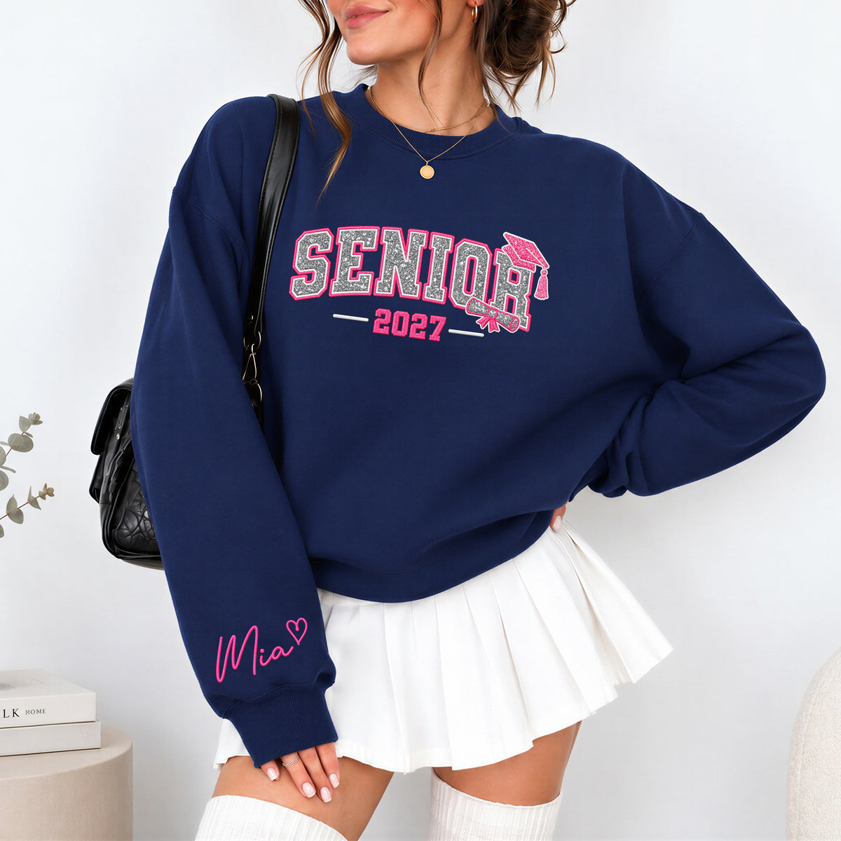 Senior Sweatshirt Grad Cap Diploma Silver Glitter Embroidery Custom Name Sleeve