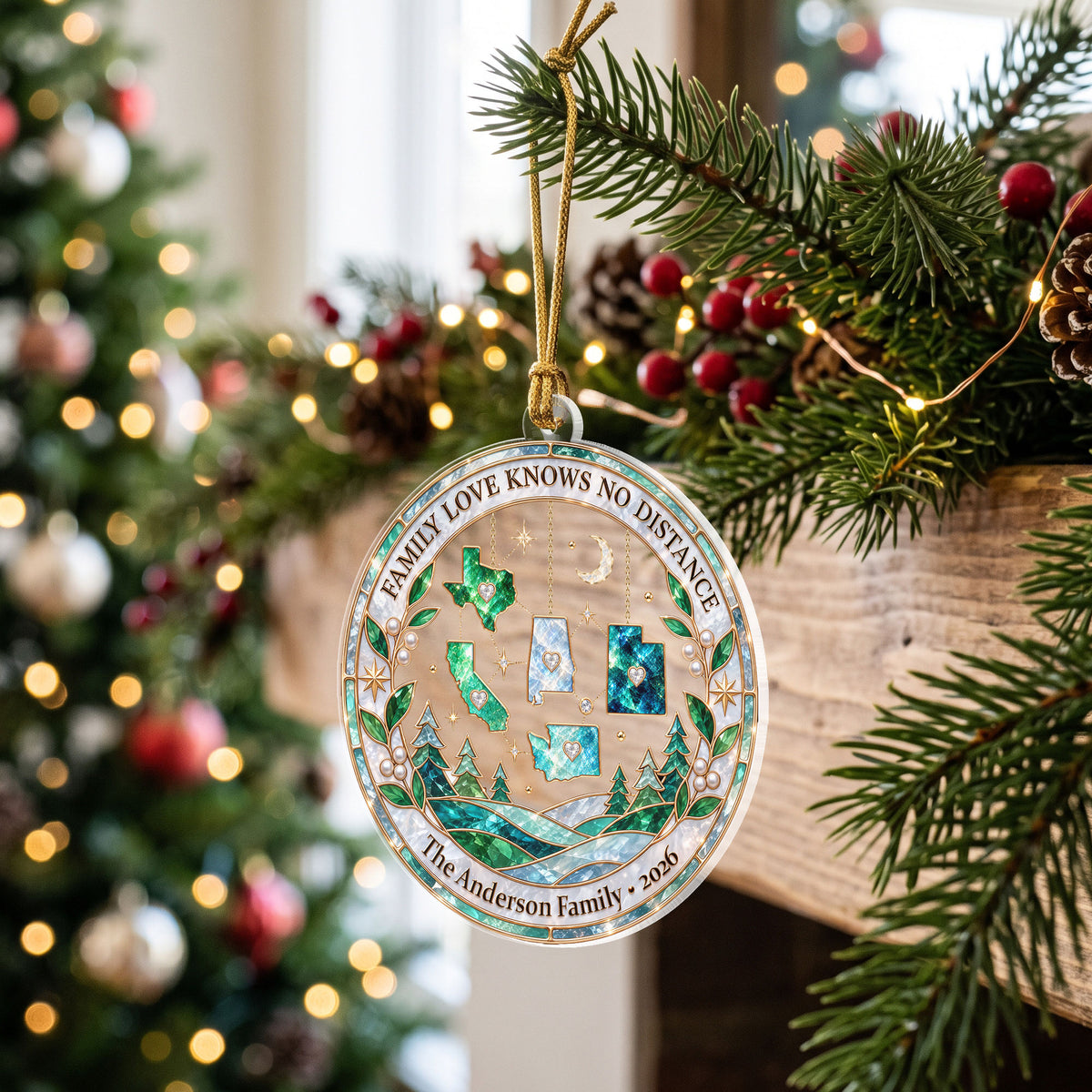 Personalized Family Love Knows No Distance Acrylic Ornament Custom Christmas State Gift