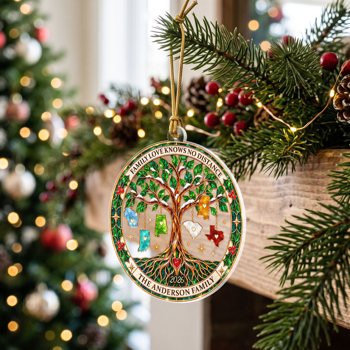 Custom Family Tree State Acrylic Ornament Long Distance Christmas Tree Keepsake Gift