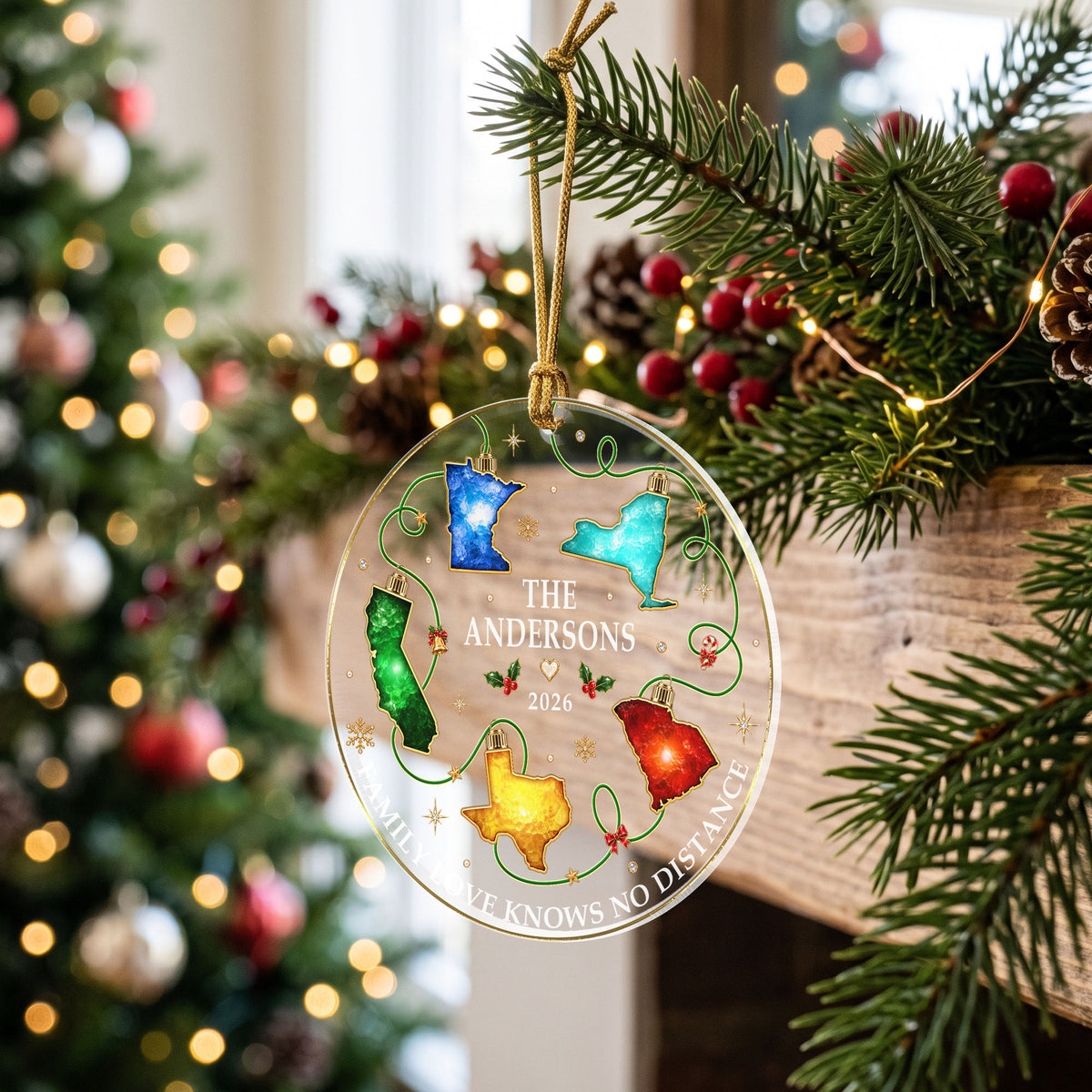 Personalized Christmas Light State Acrylic Ornament Long Distance Family Tree Decor