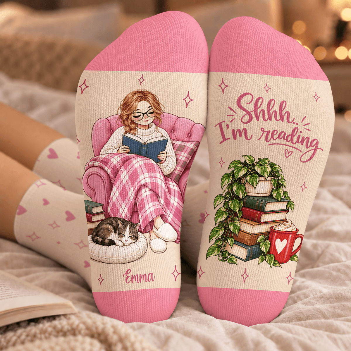 Cat Reader Custom Book Socks, Socks for Women and Men with Soft Comfort, Book Lovers Gifts and Christmas Gifts for Cozy Reading Time, Pallyprints Co.
