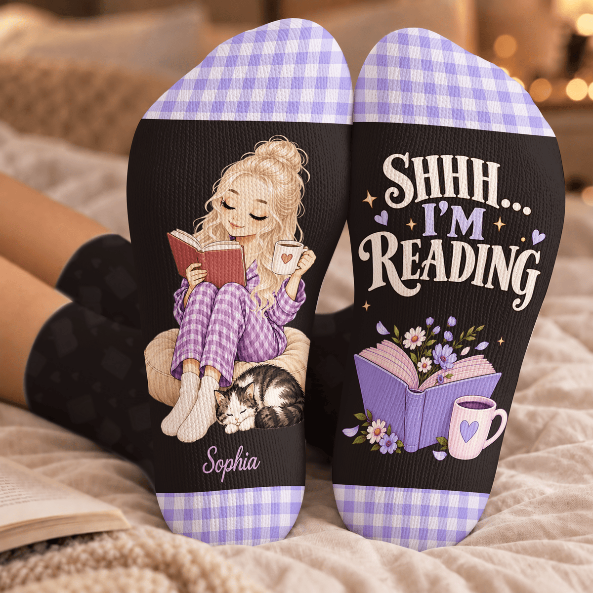 Short Hair Reader Custom Book Socks, Socks for Women and Men with Comfort, Book Lovers Gifts and Christmas Gifts for Quiet Reading, Pallyprints Co.