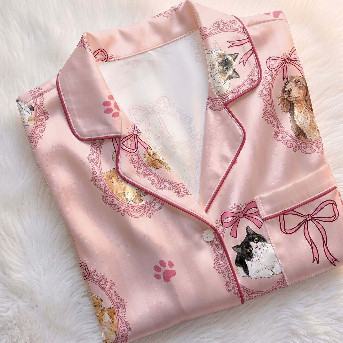Custom Pet Satin Pajamas Set Personalised Dog Cat Portrait PJs Vintage Bow Sleepwear