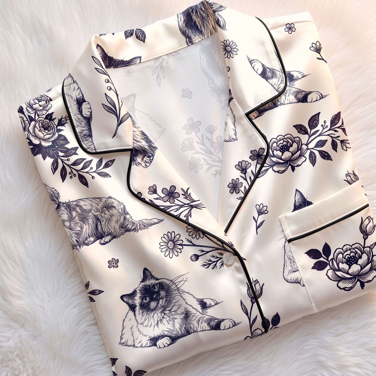 Custom Pet Satin Pajamas Set Personalised Vintage Floral Toile Dog Cat PJs Sleepwear