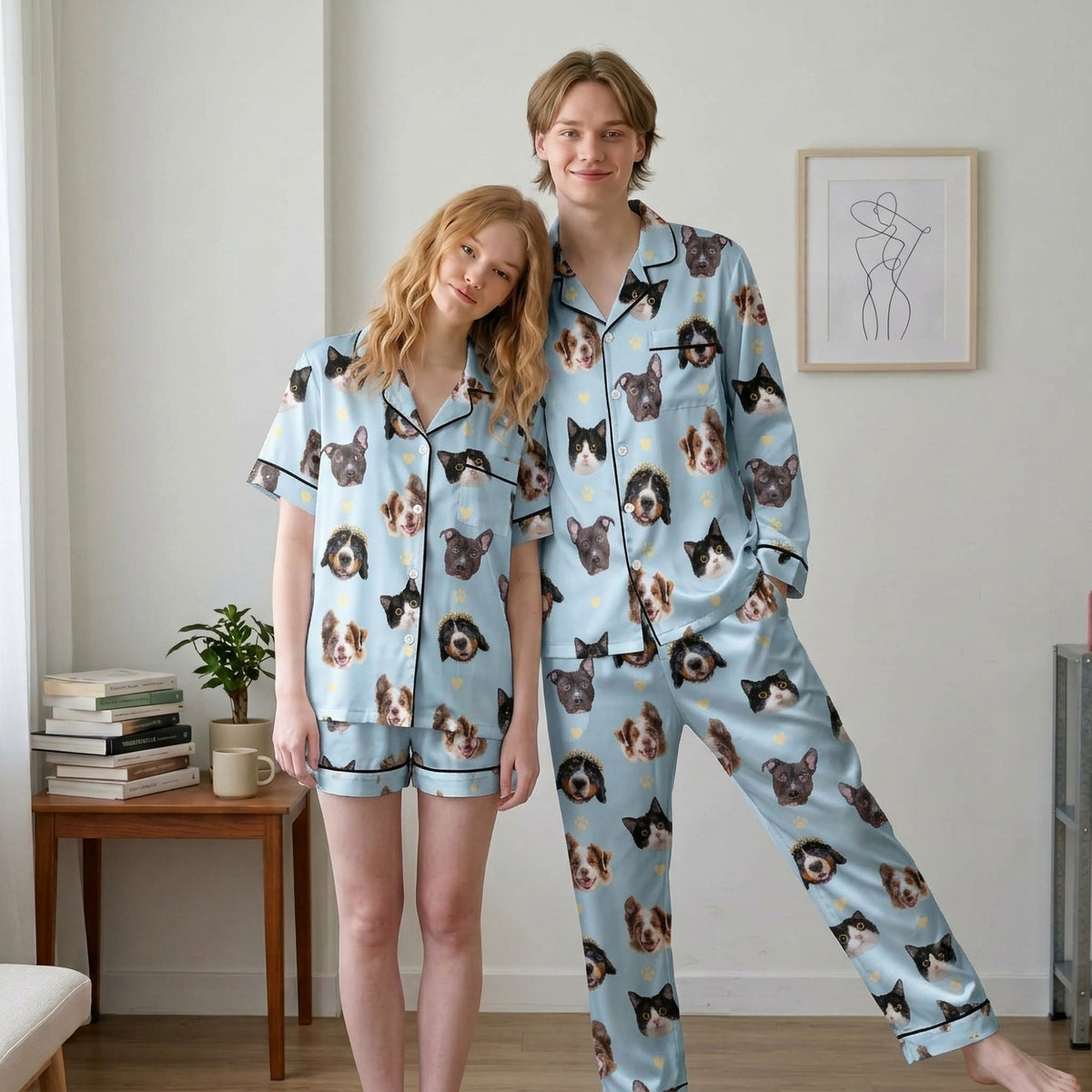 Custom Pet Face Satin Pajamas Personalised Photo Dog Cat PJs Women Long Sleeve Set