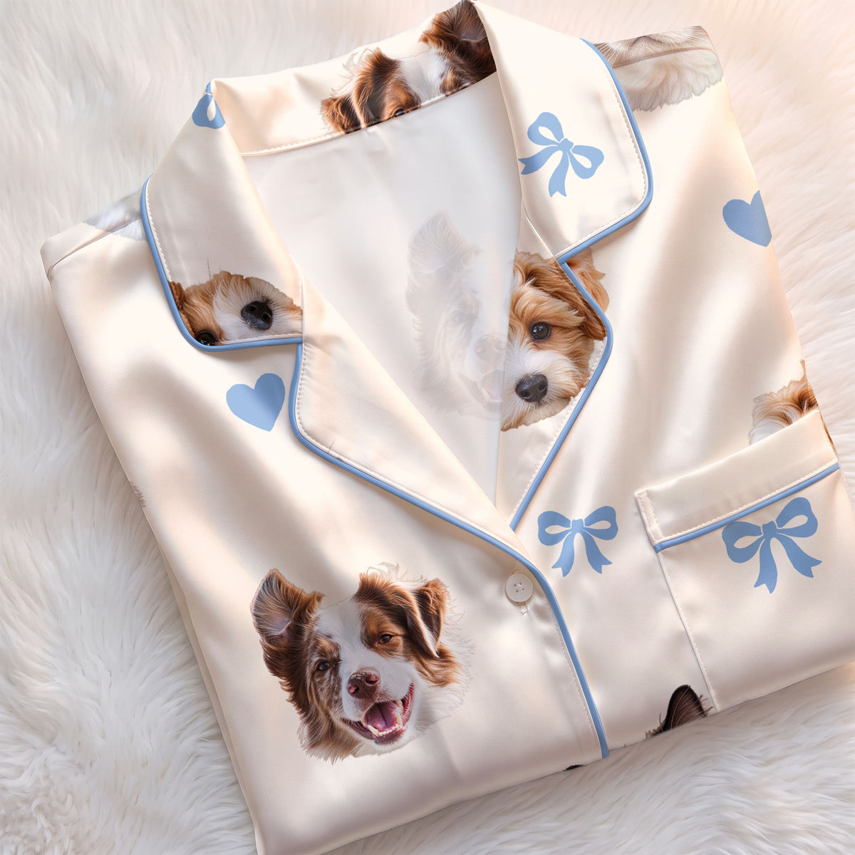 Custom Pet Face Satin Pajamas Personalised Photo Dog Cat PJs Coquette Bow Sleepwear
