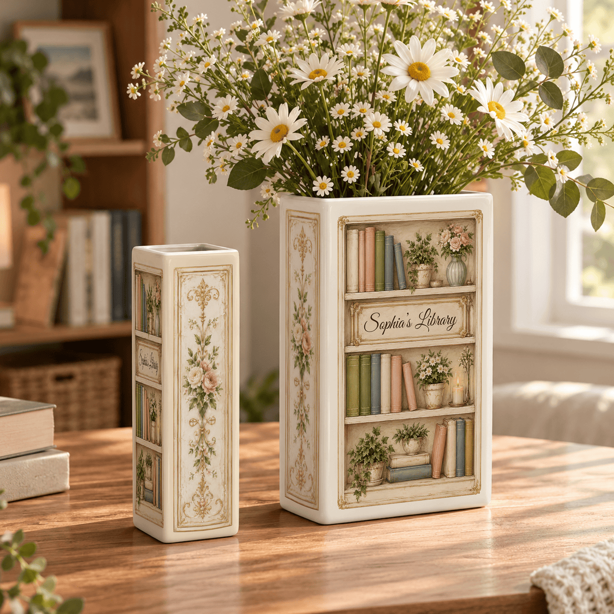 Custom Book Shelf Flower Vase Library Botanical Floral Vase Home Accent Piece Holder