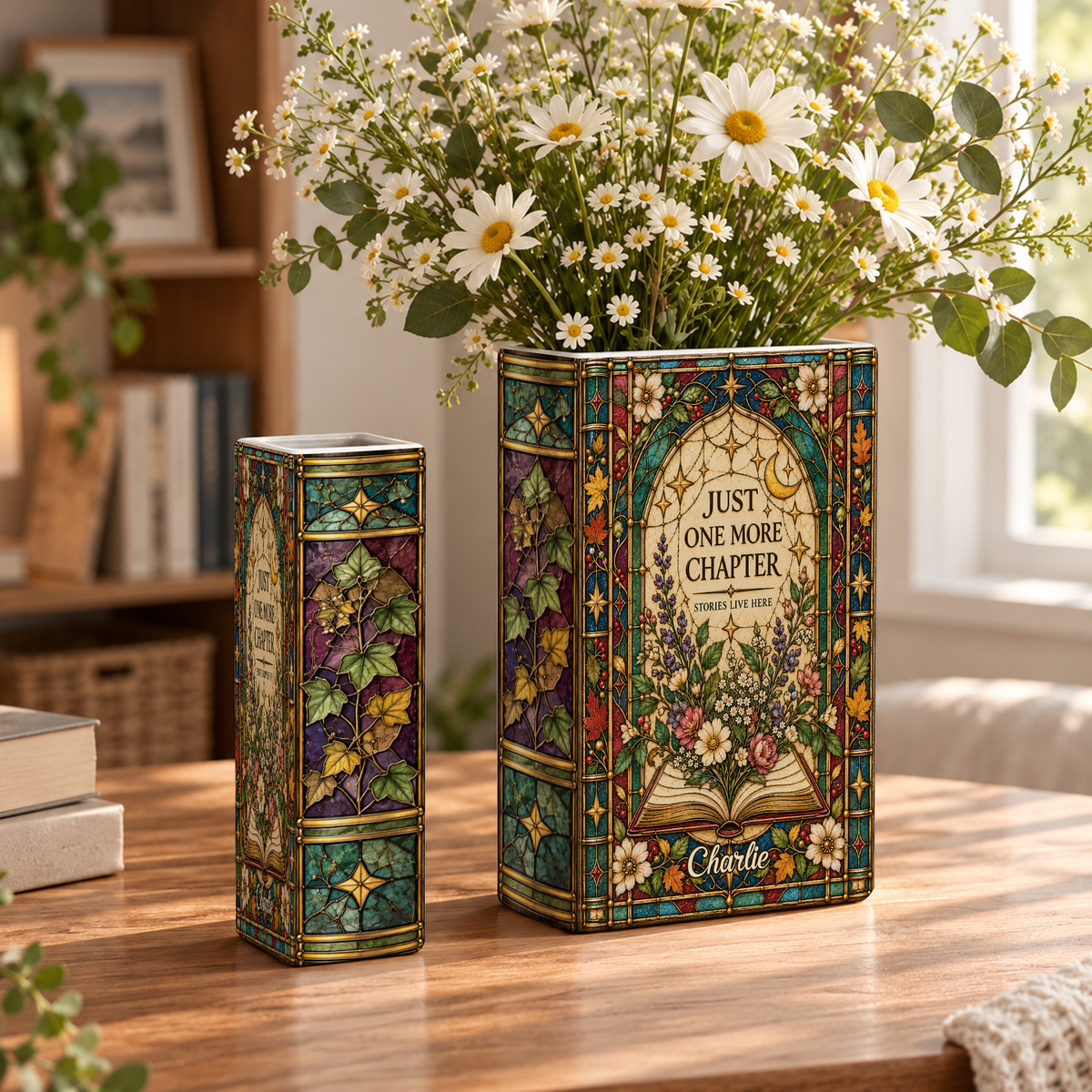 Custom Book Vase Just One More Chapter Stained Glass Floral Flower Holder Centerpiece