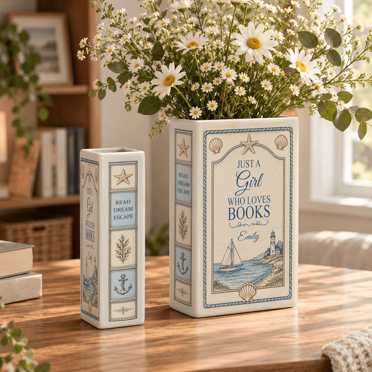 Custom Book Vase Just A Girl Who Loves Books Nautical Floral Flower Holder Centerpiece