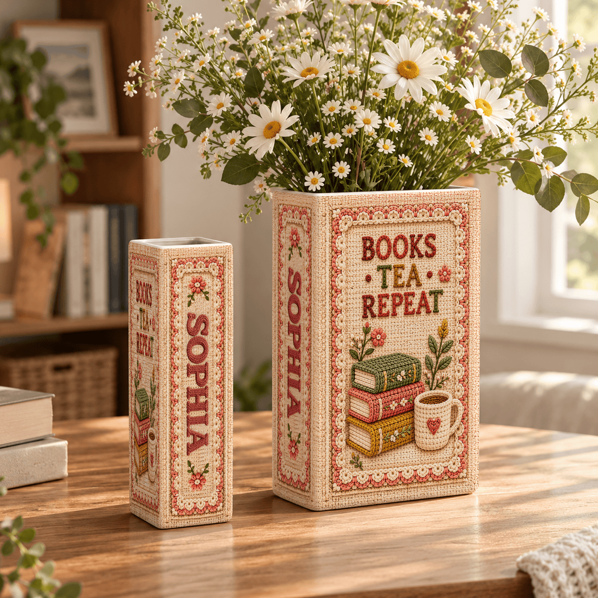 Custom Book Flower Vase Books Tea Repeat Floral Centerpiece Bookish Gift for Book Lovers